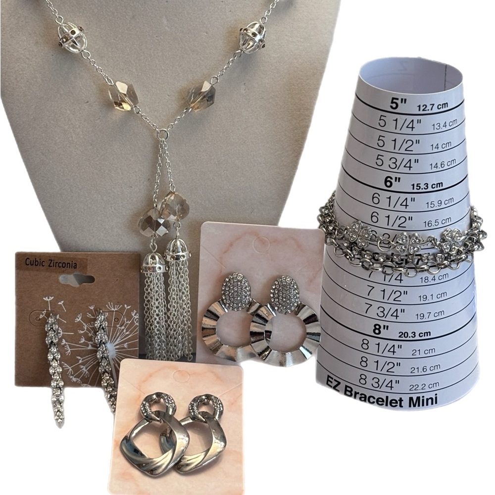 Silver and Glass Tassel Necklace with Rhinestone Bracelet and Earrings Bundle - Picture 2 of 9